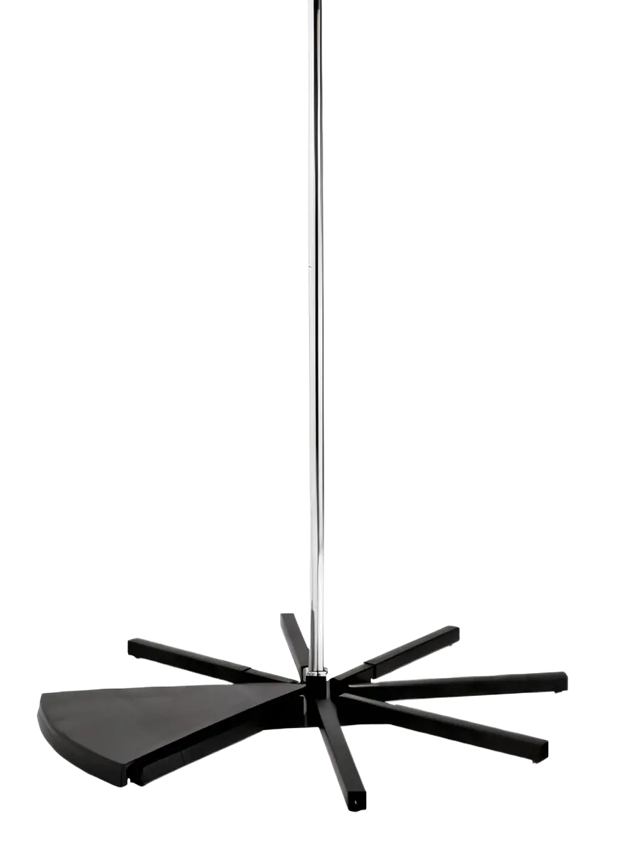 Self-standing stainless steel dance pole assembled on its hard-plastic black stage base