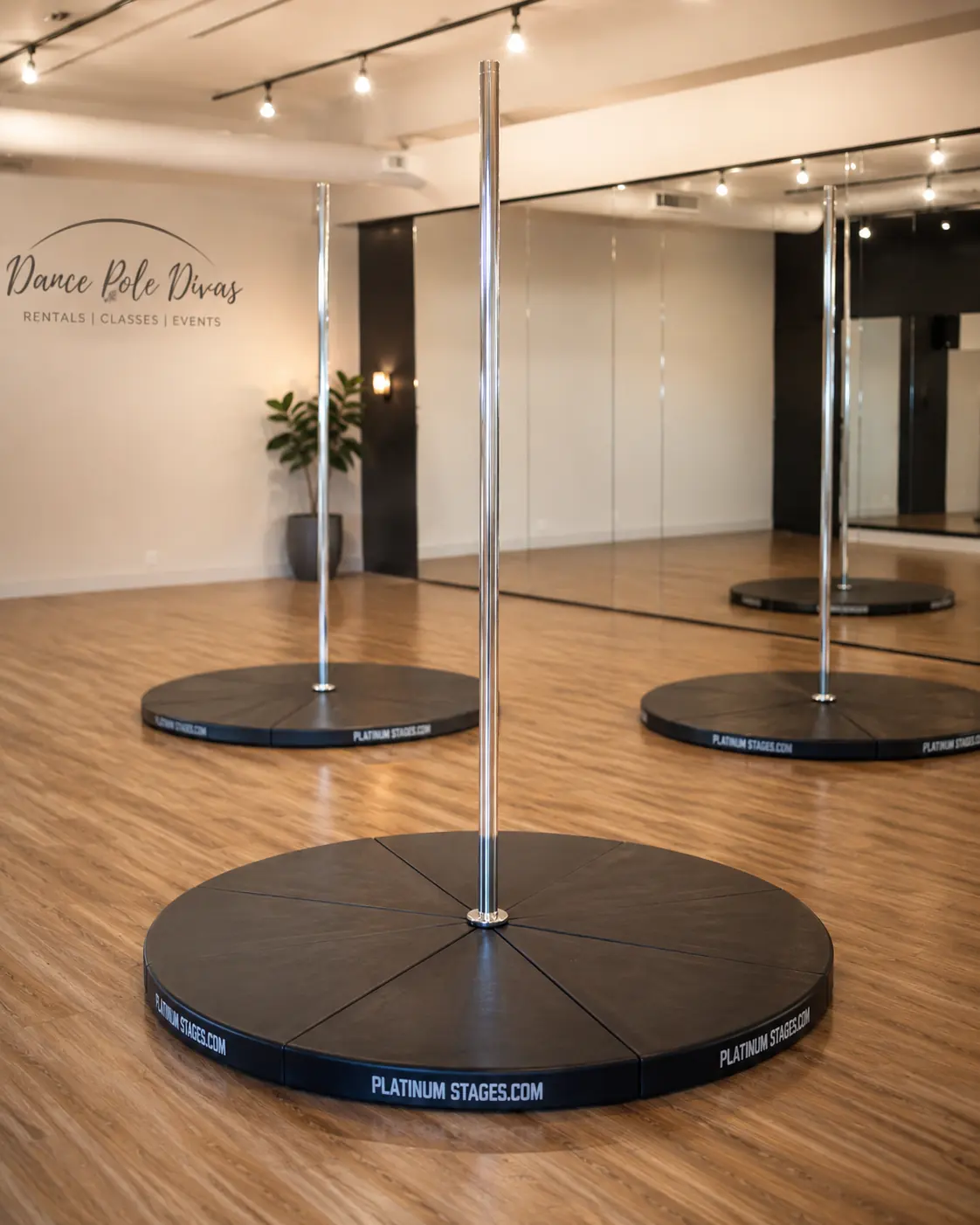 Dance Pole Divas self-standing stainless steel platform poles on hard-plastic stage bases
